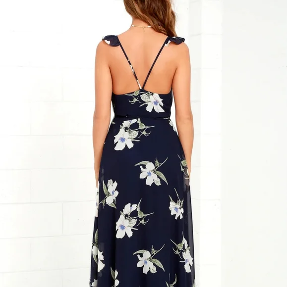 Navy floral print high-low wrap dress - Picture 3 of 6